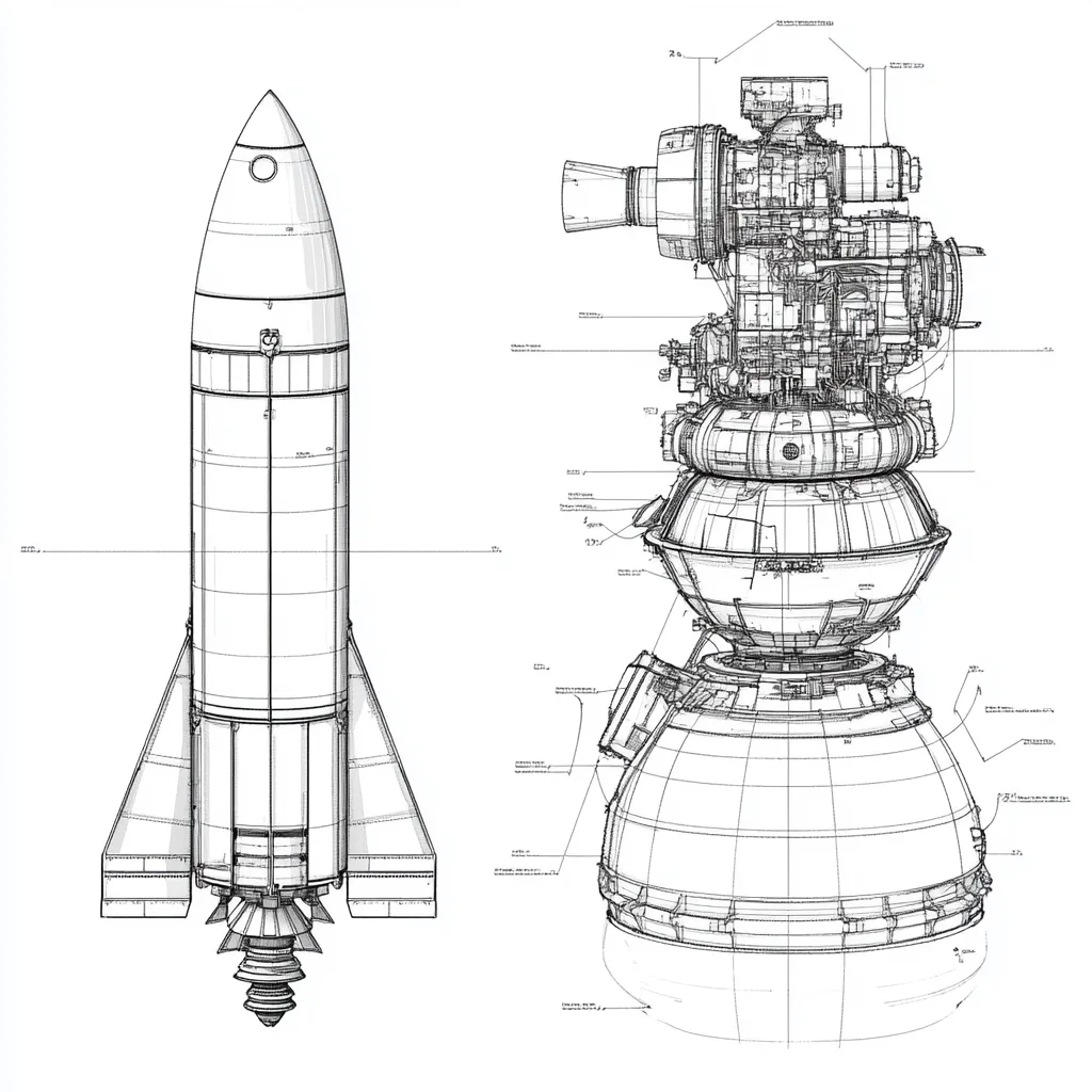 Clean black and white technical line drawing of the Saturn V F-1 rocket engine, simplified diagram style, minimal labeli