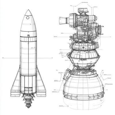 Clean black and white technical line drawing of the Saturn V F-1 rocket engine, simplified diagram style, minimal labeli