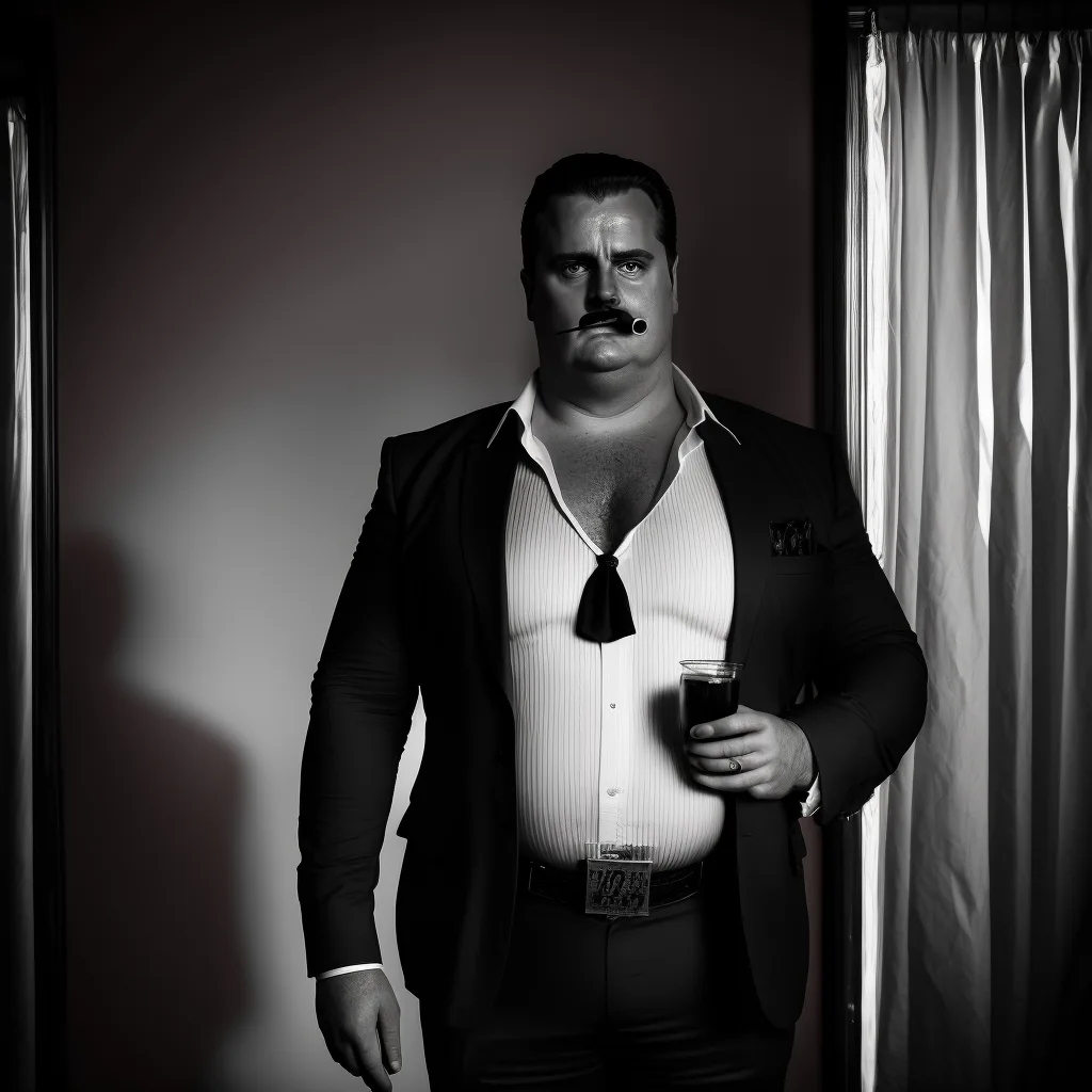 https://s.mj.run/HZ7ZUPpdXqE overweight, mofia boss, black and white photo, evil, --v 4