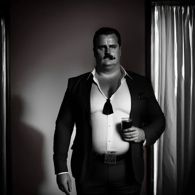 https://s.mj.run/HZ7ZUPpdXqE overweight, mofia boss, black and white photo, evil, --v 4