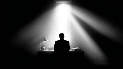 black and white silhouette of a person sitting at a desk in profile, backlit by a single window or light source, desk la