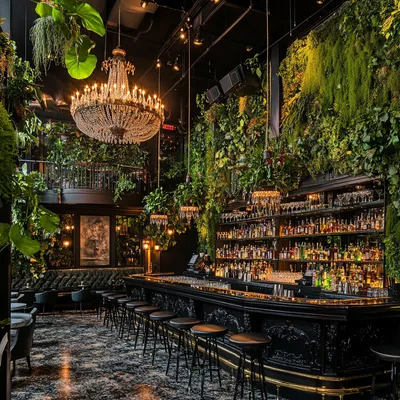 A stylish theater bar with a fusion of classic Art Deco and lush greenery. Patrons sip cocktails while surrounded by han