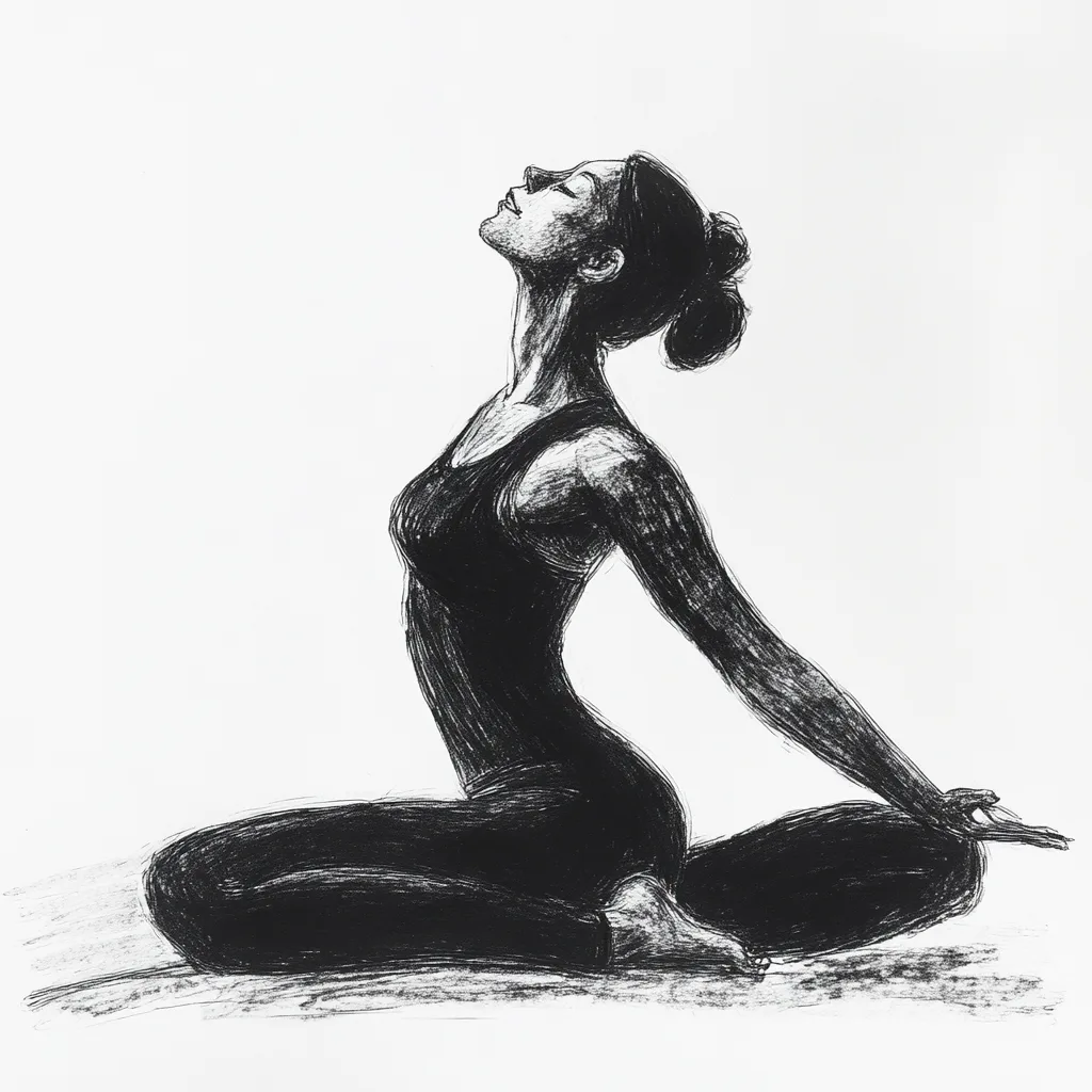 black and white vine charcoal sketch of yoga, simple shapes