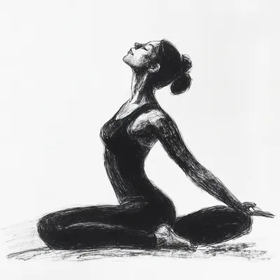black and white vine charcoal sketch of yoga, simple shapes