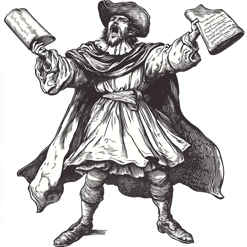 A single Renaissance-era town crier depicted in a hard-point etching style, isolated with no background details. The fig