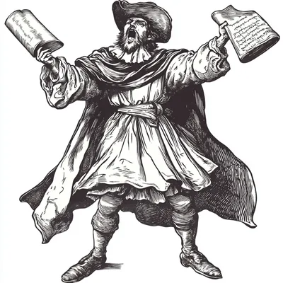 A single Renaissance-era town crier depicted in a hard-point etching style, isolated with no background details. The fig