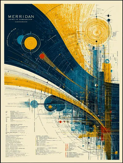 Annual report cover for "Meridian General Corporation" in the style of Erik Nitsche's 1950s General Dynamics reports. Mi
