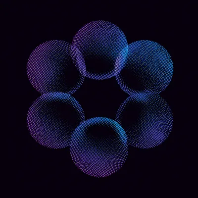 Abstract halftone art, dithered texture, deep blue and purple color palette, six interconnected geometric nodes or circl