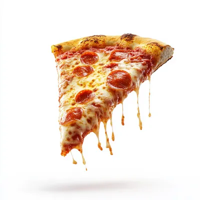 A single slice of pizza floating in perfect isolation, ultra hyper-realistic detail, crisp textures, bubbling melted che