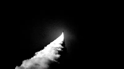 abstract rocket going up into the air, pure black to white gradient, smooth cinematic grain overlay, classic film noir l