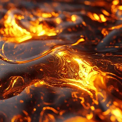 A hyper-realistic close-up of molten metal, organic shapes, glowing with fiery orange and golden reflections. The materi