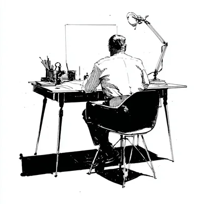 a person at his desk studying art very closely, high-contrast ink drawing, strong negative space, graphic composition, m