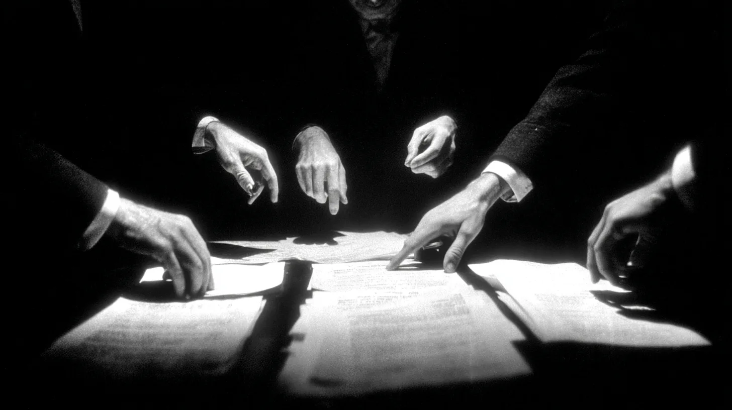 black and white close-up film noir photograph, multiple hands from different directions placing documents onto a single