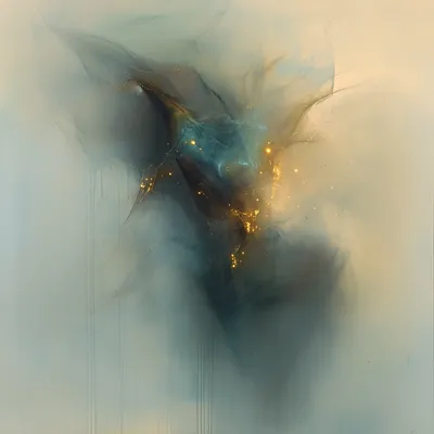 Completely abstract, floating form with dark, undefined contours and a swirling inner glow of soft blue, emerald, and go