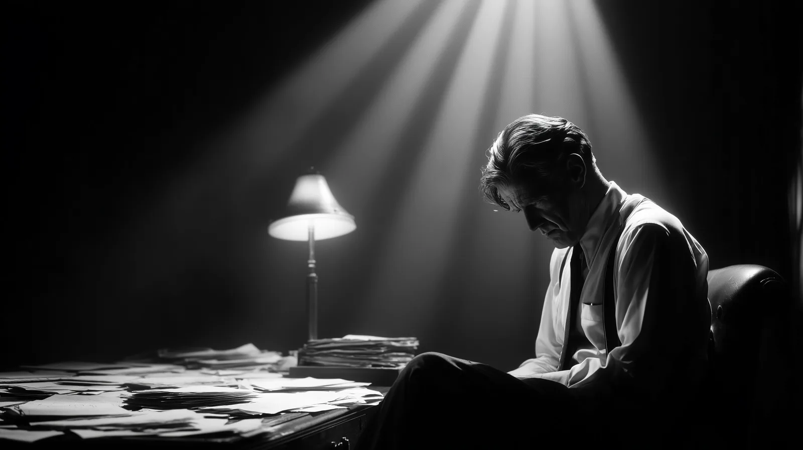 black and white film noir photograph, lone lawyer sitting at a small simple wooden desk, single desk lamp casting a shar