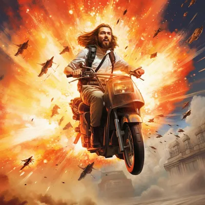 jesus jumping a bus on a motorcycle with explosions --upbeta