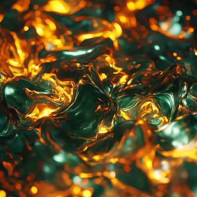A hyper-realistic close-up of molten metal, emerald in color, organic shapes, glowing with fiery reflections. The materi