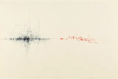 abstract archival systems illustration on warm cream paper: a large dense field of thin navy lines, loops, nodes, and ca