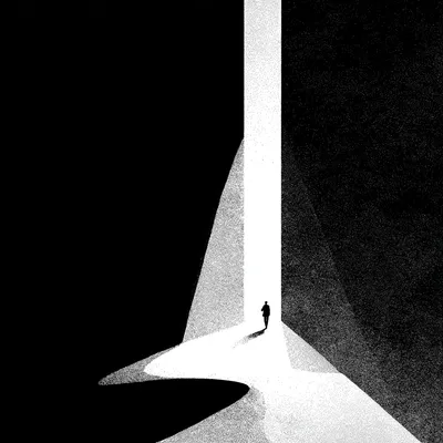 unkown place in isolation, minimalist black and white editorial illustration, bold flat silhouettes, high-contrast ink d