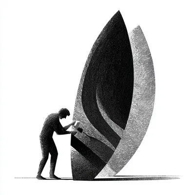 man sanding a foam surfboard trying to make it into a proper surfboard, black and white, strong negative space, graphic