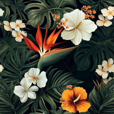 repeating pattern, dark and tropical, bird of paradise flower, white flowers, California poppy flowers, monstera leaves,