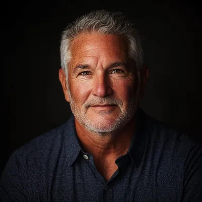 portrait, 54-year-old man, dark background, financial analyst, suburban resident, enjoys golfing, watches news daily, pr