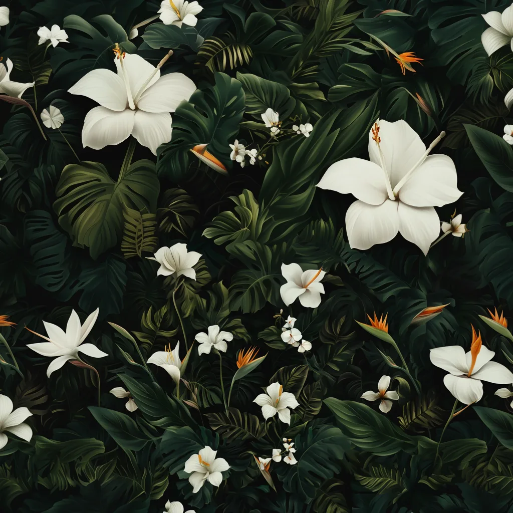 dark and tropical wallpaper with white flowers, bird of paradise, California poppies, monstera leaves --ar 1:1