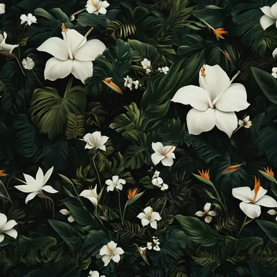 dark and tropical wallpaper with white flowers, bird of paradise, California poppies, monstera leaves --ar 1:1