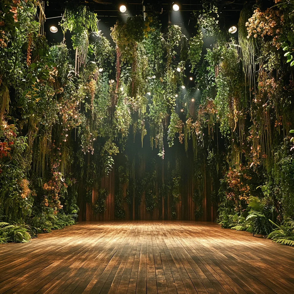 A grand theater stage transformed into a lush, botanical masterpiece. The wooden stage floor is lined with creeping ivy