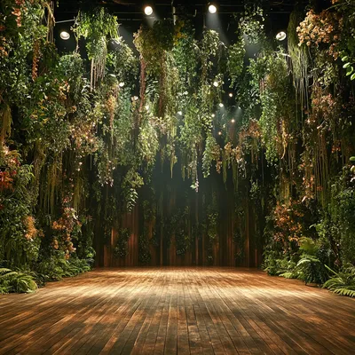 A grand theater stage transformed into a lush, botanical masterpiece. The wooden stage floor is lined with creeping ivy 