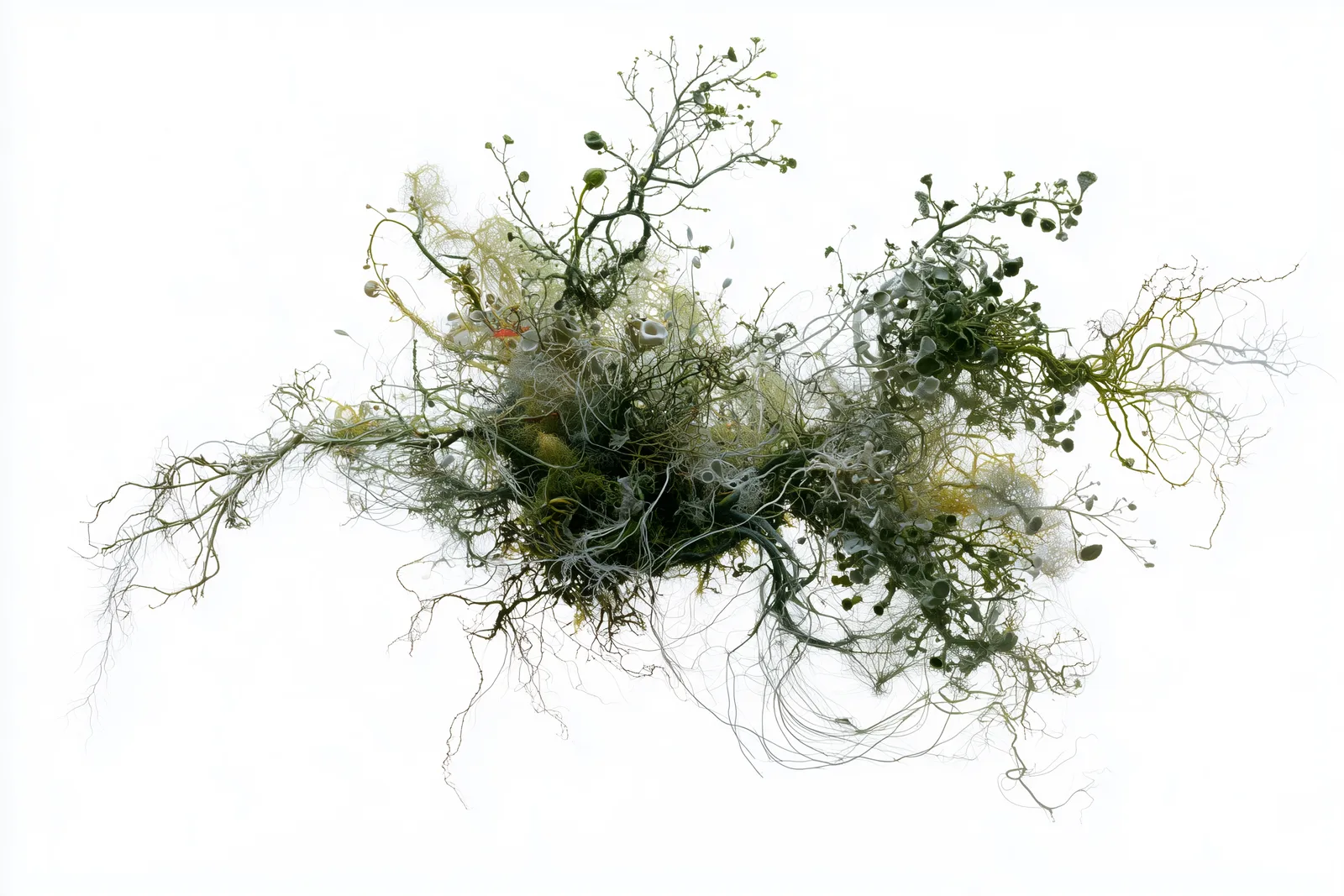 an abstract scientific specimen representing a better future: a delicate moss and lichen colony growing outward from a c