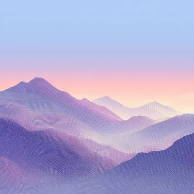 Abstract dithered landscape with soft layered mountains and expansive sky, halftone texture, subtle grid pattern overlay