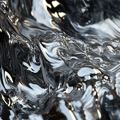 A hyper-realistic close-up of molten lead. The material appears viscous, with intricate details of light refractions and