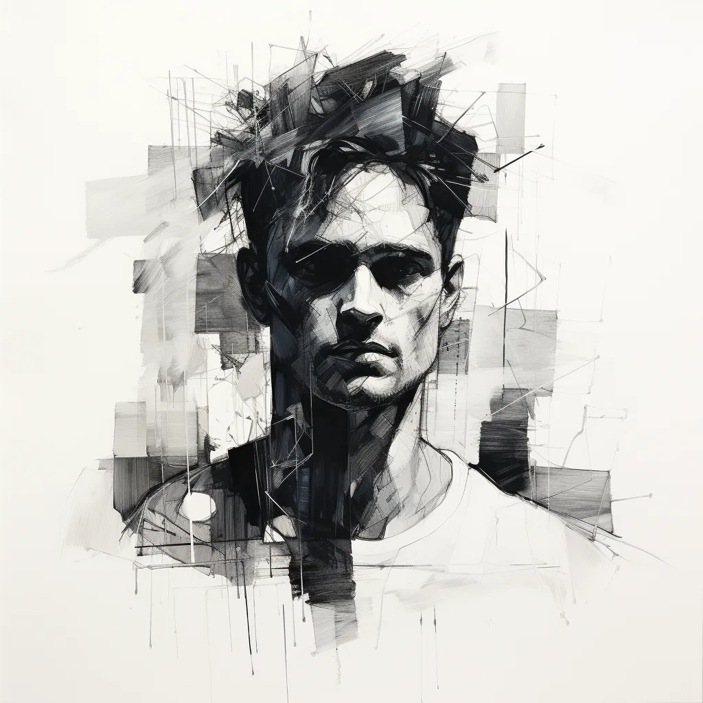 abstract, charcoal drawing, portrait, man, simple shapes, lines, black and white --s 250