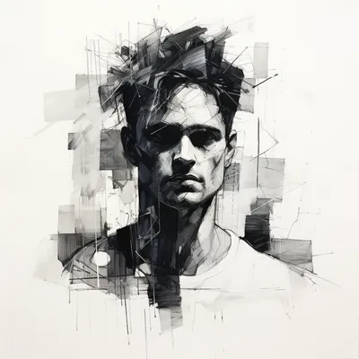 abstract, charcoal drawing, portrait, man, simple shapes, lines, black and white --s 250