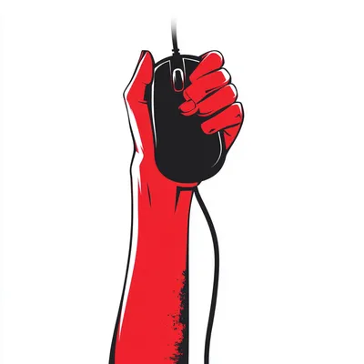 women's hand holding computer mouse up proudly, bolshevism, revolution, illustration, simple shapes, white background