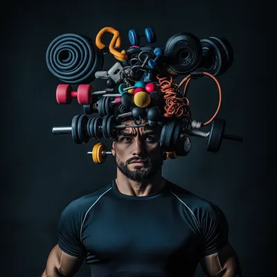portrait of person, dark background, with these objects coming out of the head, Resistance bands, dumbbells, kettlebells