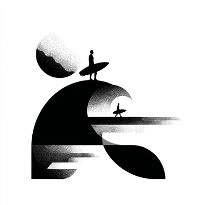 surfing uncertainty, minimalist black and white editorial illustration, bold flat silhouettes, high-contrast ink drawing