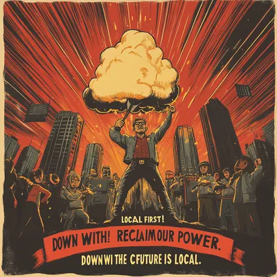A bold, vintage-style propaganda poster depicting a technological uprising against "The Cloud." In the center, a determi