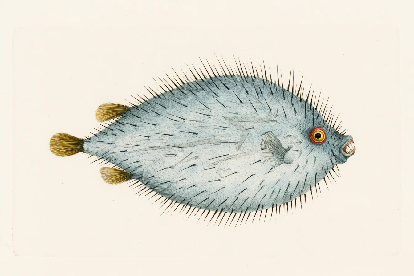 a single pale blue-gray oval fish in profile, inflated flattened body covered completely in long fine black needle-like