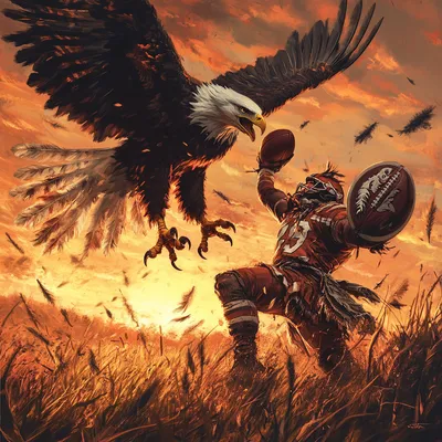 Create a vivid and intense poster depicting a powerful bald eagle mid-attack on a Kansas City Chief character. The eagle