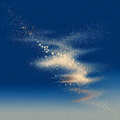 Abstract organic halftone constellation, dithered points of light in cream glowing within blue gradients, organic cluste