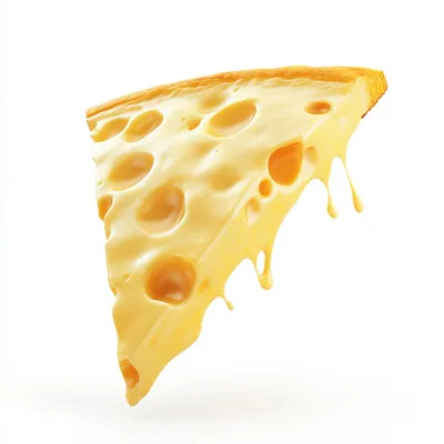 A single slice of cheese, shaped exactly like a triangular pizza slice, floating in perfect isolation, ultra hyper-reali