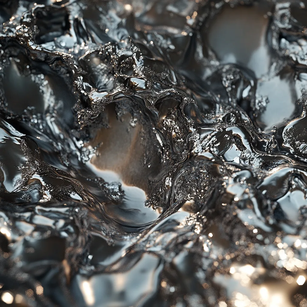 A hyper-realistic close-up of molten lead. The material appears viscous, with intricate details of light refractions and