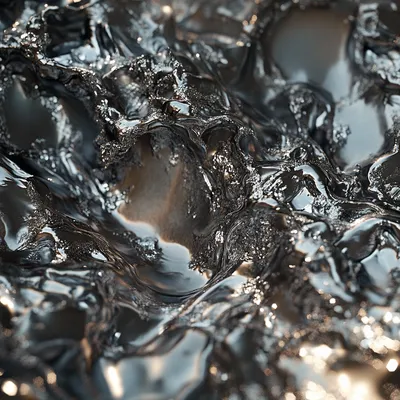 A hyper-realistic close-up of molten lead. The material appears viscous, with intricate details of light refractions and