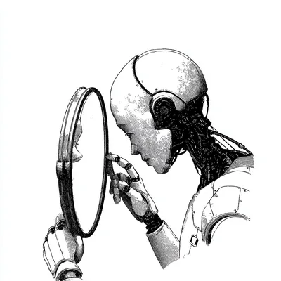 a mirror of a robot looking at itself but it's a human, minimal, minimalist black and white editorial illustration, high