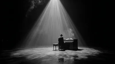 wide shot black and white film noir, tiny figure of a lawyer alone at a small desk in the center of a vast dark empty sp