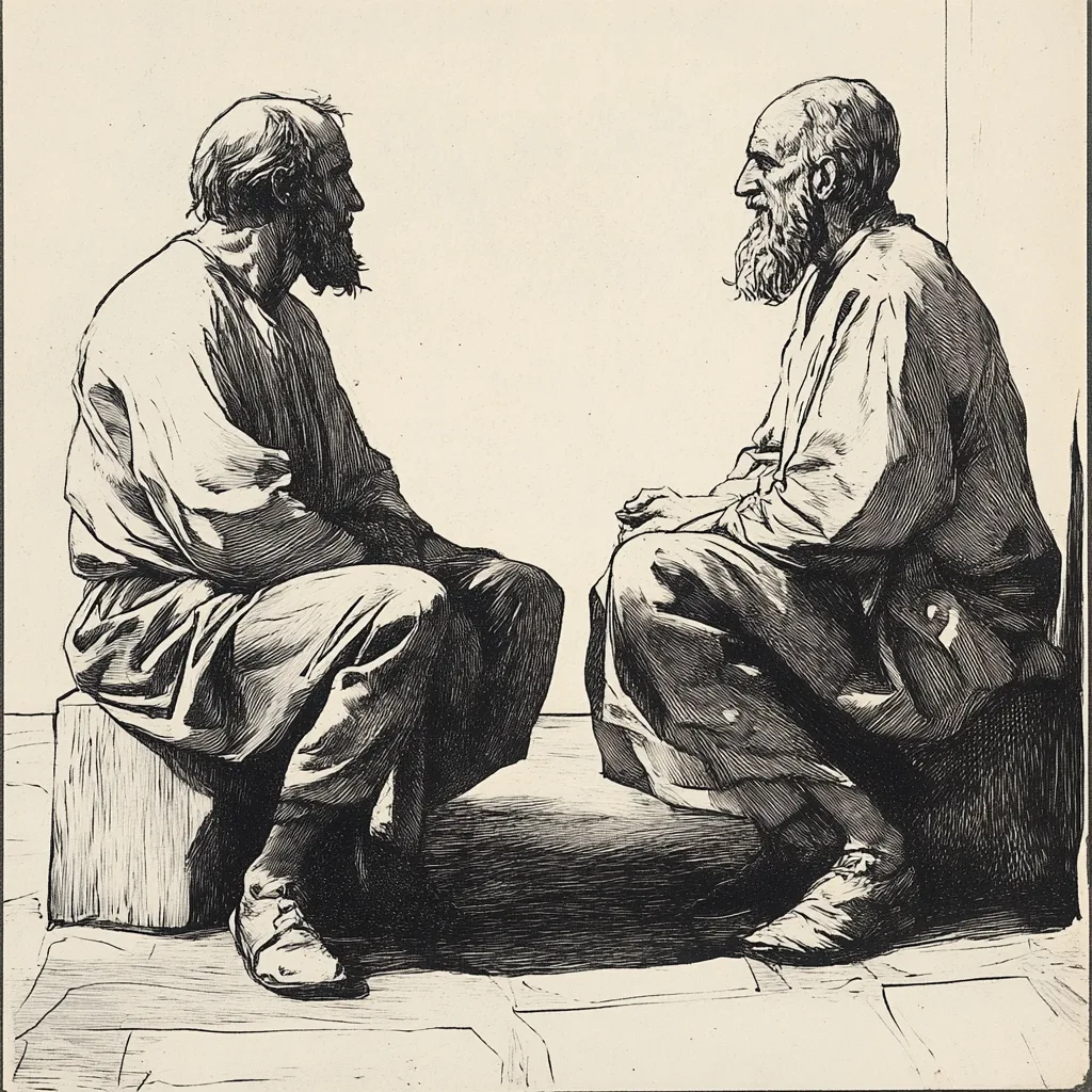 Two figures seated side by side, depicted in a hard-point etching style, isolated with no background details. They lean