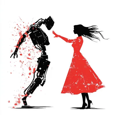 women in red dress punching robot, revolution, illustration, simple shapes, white background