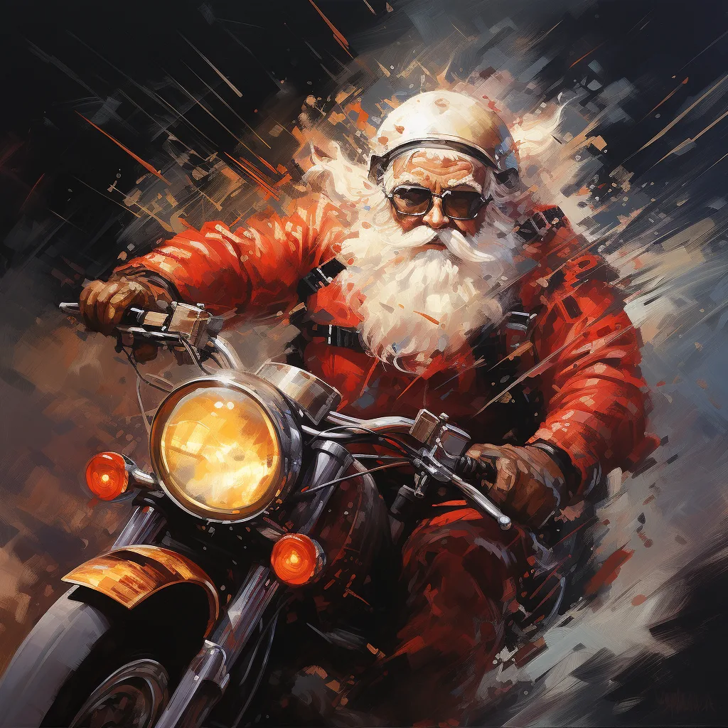 abstract painting of Santa Clause in a hurry riding a motorcycle --s 250